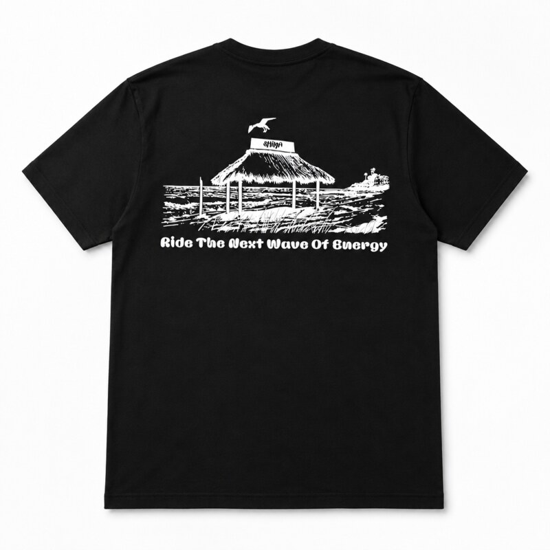 SHIMA black t-shirt flat lay back render with Ride the Next Wave of Energy