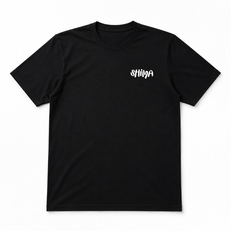 SHIMA black t-shirt flat lay front render