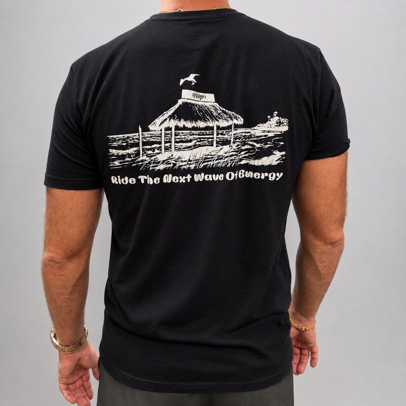 Male model wearing SHIMA black t-shirt back view